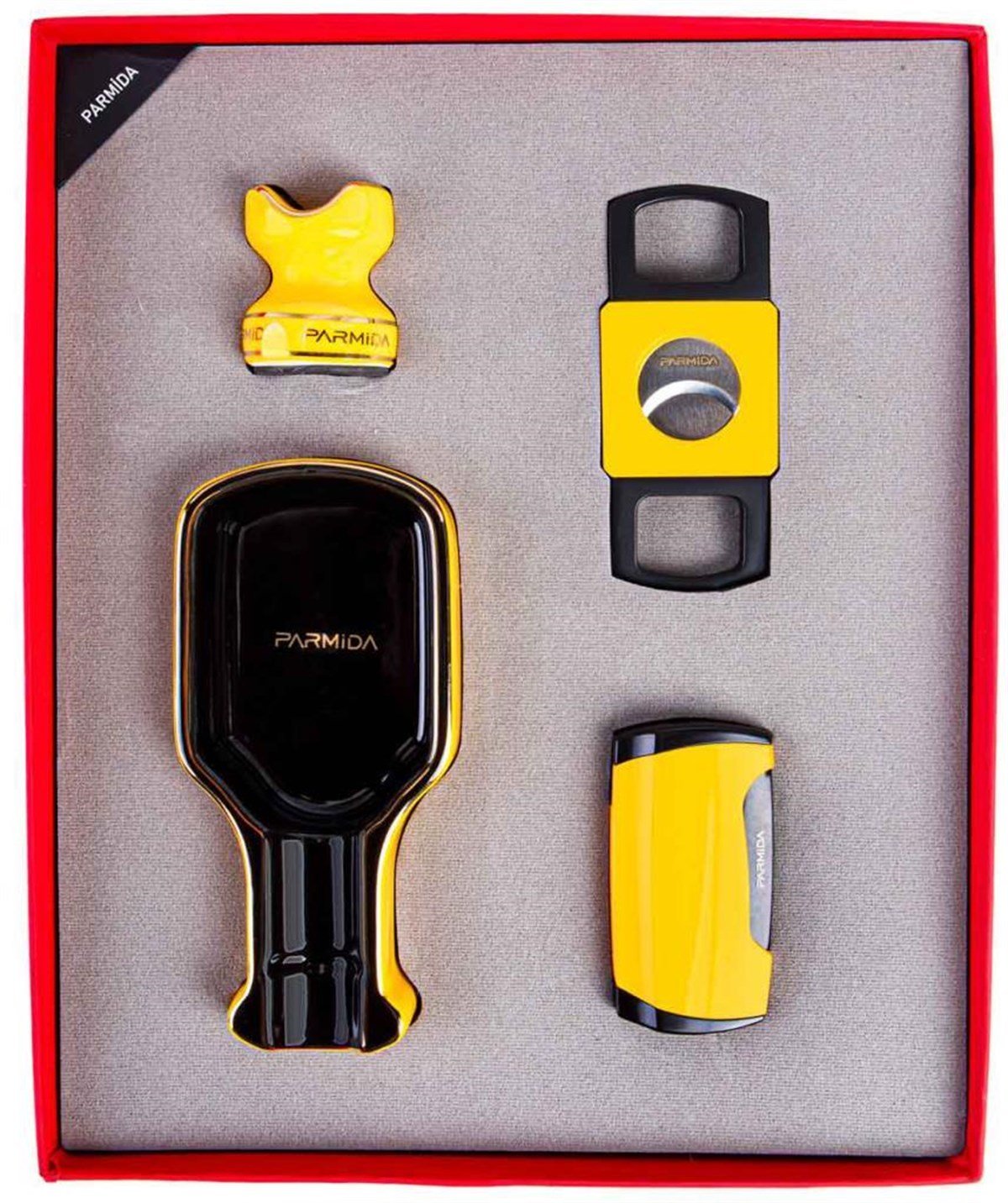 TR3867,Parmida Sarı Çakmak Küllük Kesici Tutucu Dörtlü Puro Seti