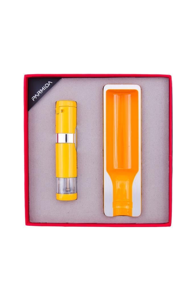 TR7451,Parmida Tek Torch Çakmak Tekli Küllük İkili Sarı Puro Seti