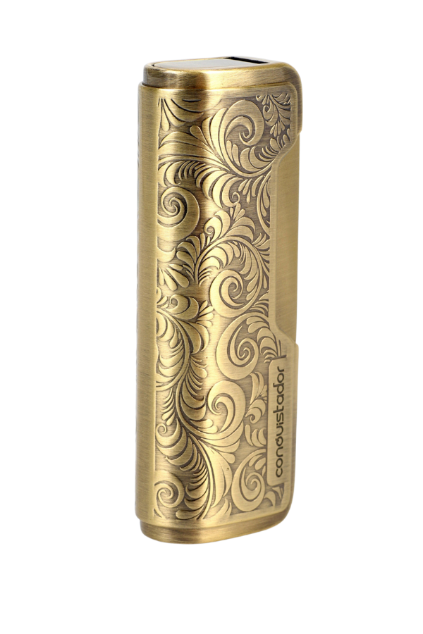 CNQ-031,Conquistador Tek Torch Pürmüz Gold İşlemeli Metal Puro Çakmağı