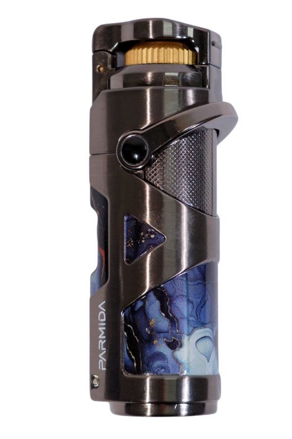 TR9221,Parmida Tek Torch Pürmüz Gunmetal-Mavi Desenli Metal Puro Çakmağı