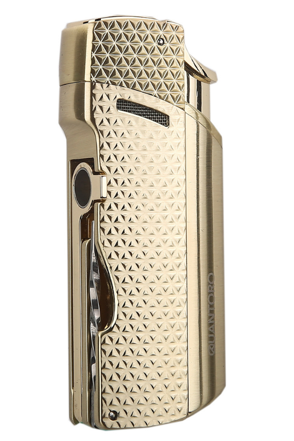 TRZ1155,Quantoro Tek Torch Pürmüz Delicili/İğneli Gold Metal Puro Çakmağı