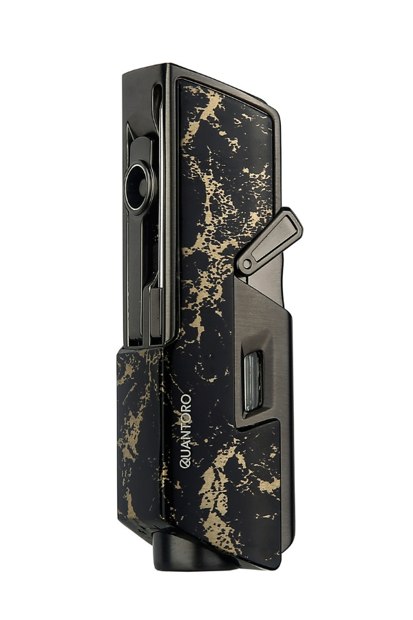 TRZ1108,Quantoro Tek Torch Pürmüz Delicili/İğneli Siyah Gold Desenli Metal Puro Çakmağı