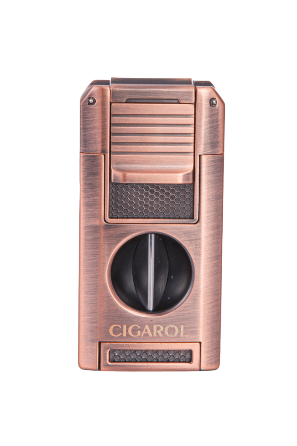 TR7965,Cigarol 3 Torch Pürmüz Dahili V Kesici & Delicili Bronz Metal Puro Çakmağı