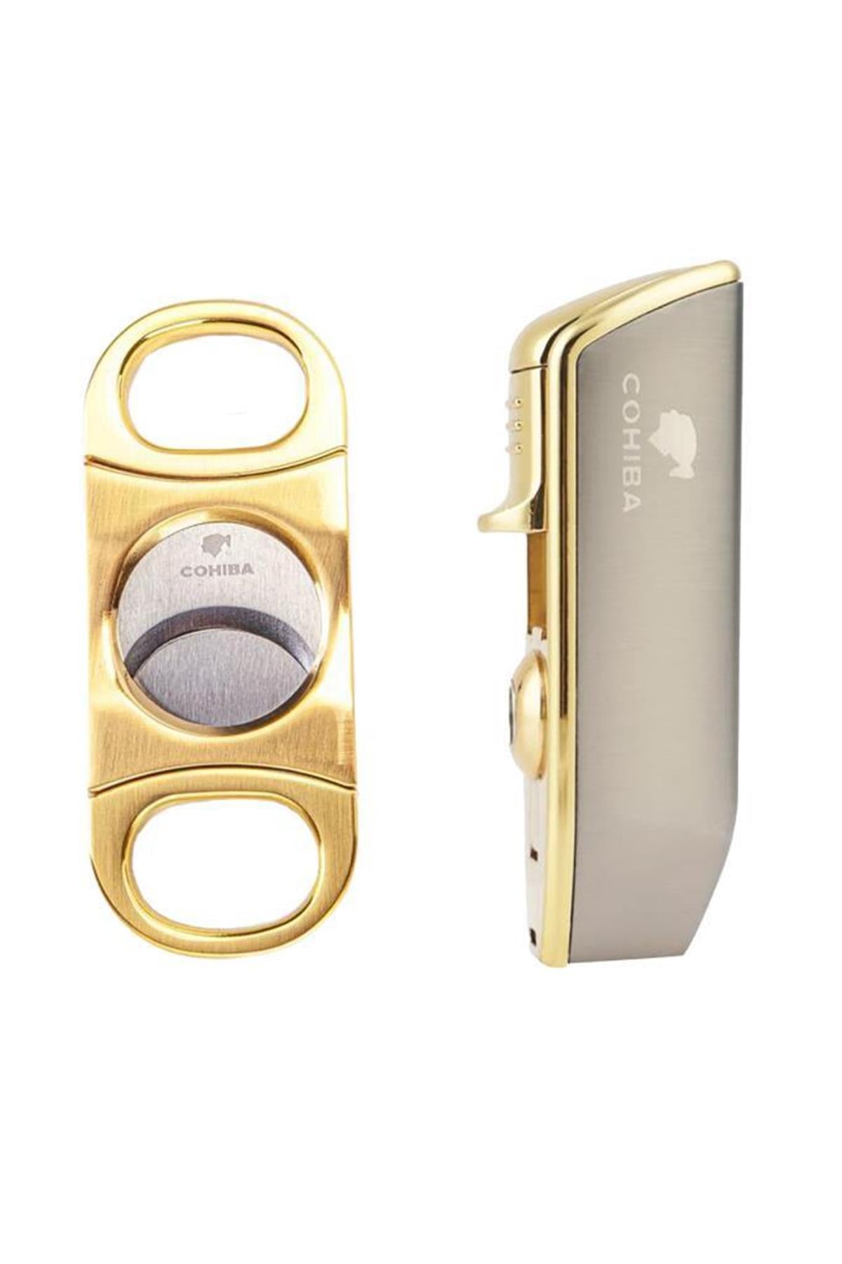 CHBSET0013,Cohiba 3 Torch Pürmüz Gunmetal Çakmak ve Gold Kesici Seti