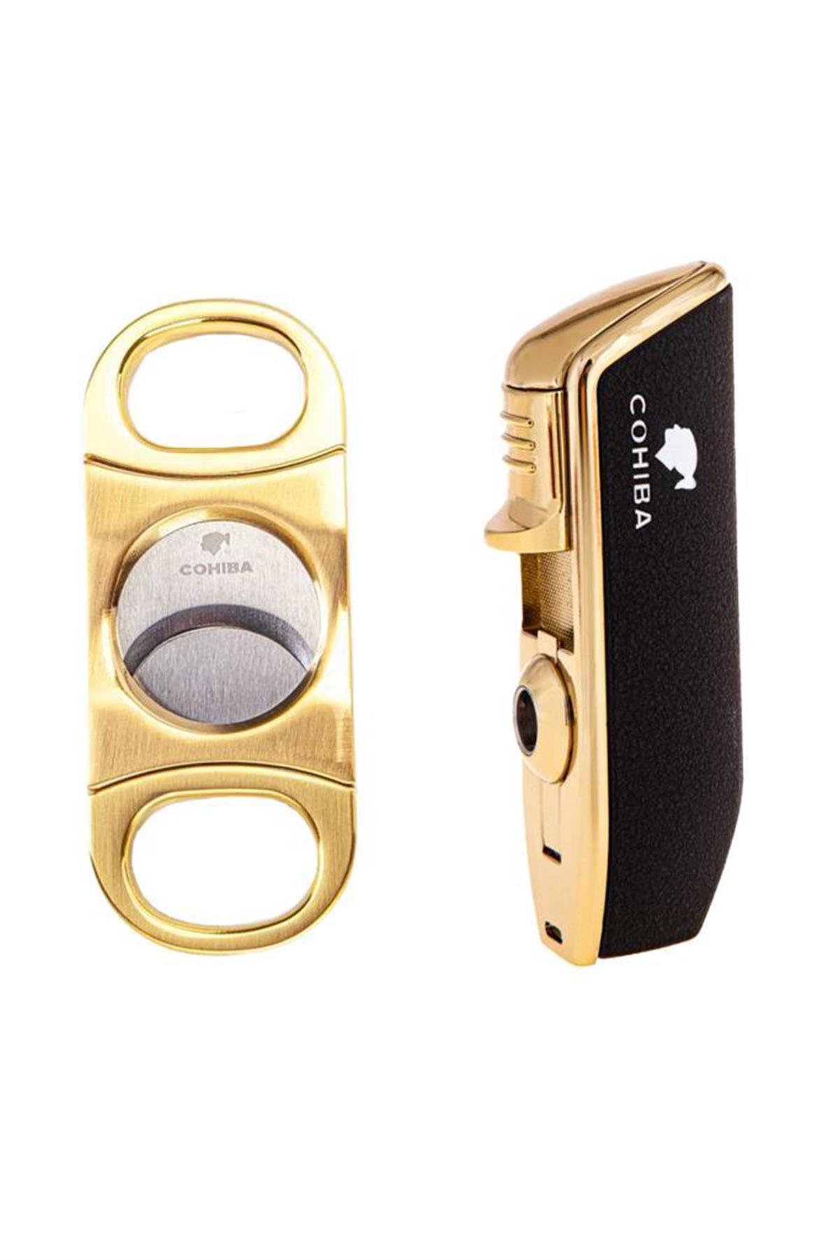 CHBSET0011,Cohiba 3 Torch Pürmüz Siyah Çakmak ve Gold Kesici Seti