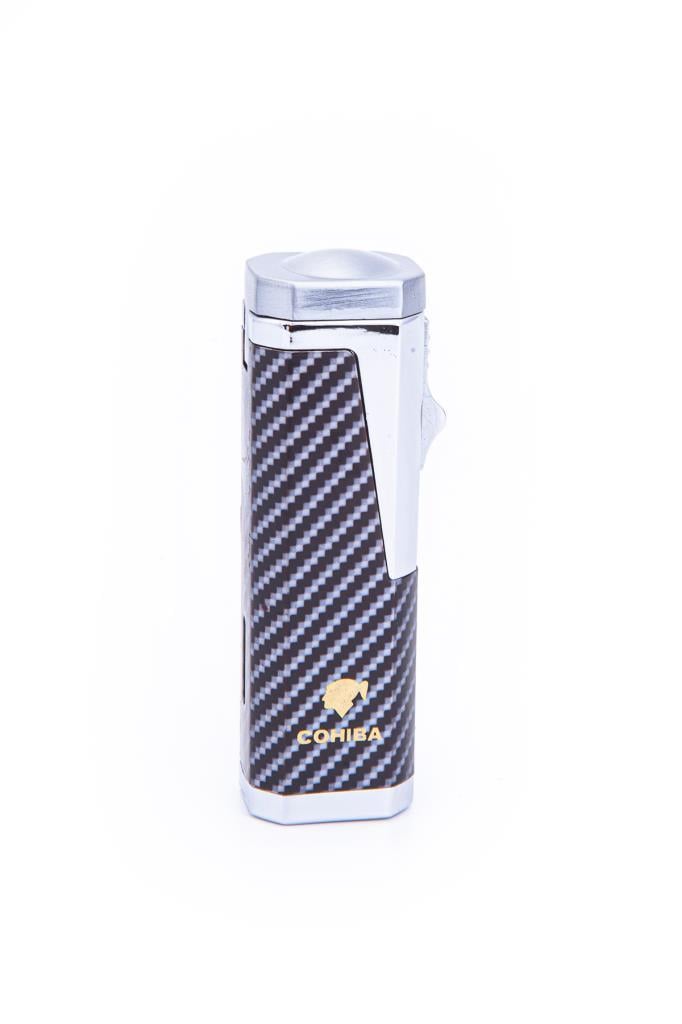 TR7338,Parmida 3 Torch Pürmüz Karbon Desenli Gümüş Metal Puro Çakmağı