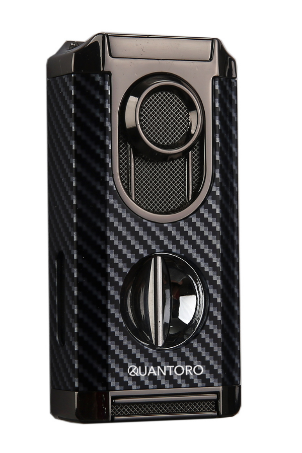 TRZ1174,Quantoro 3 Torch Pürmüz V-Cut Siyah Karbon Desenli Metal Puro Çakmağı