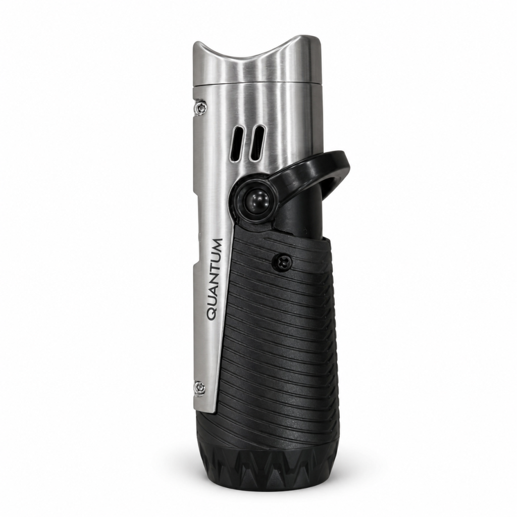TR9983,Quantum Üç Torch Pürmüz Siyah Gümüş Dahili Punch & İğneli Metal Puro Çakmağı
