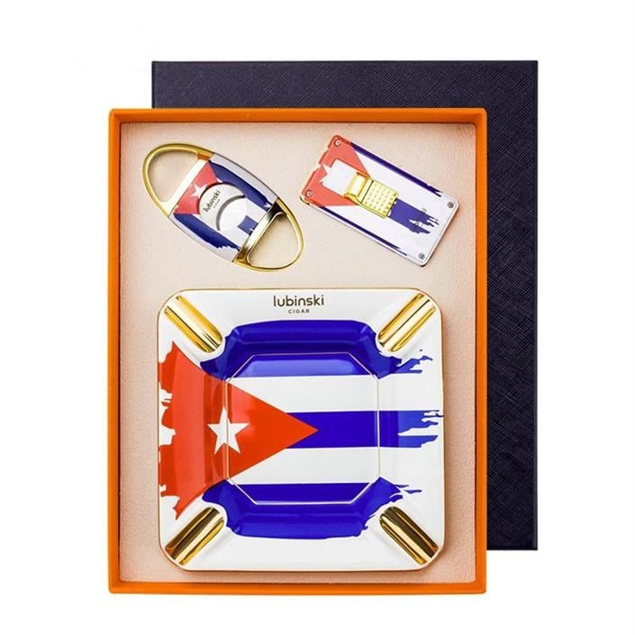 LB-731,Lubinski Yeni Seri Cuban Flag Design Üçlü Puro Seti Çakmak+Kesici+Küllük