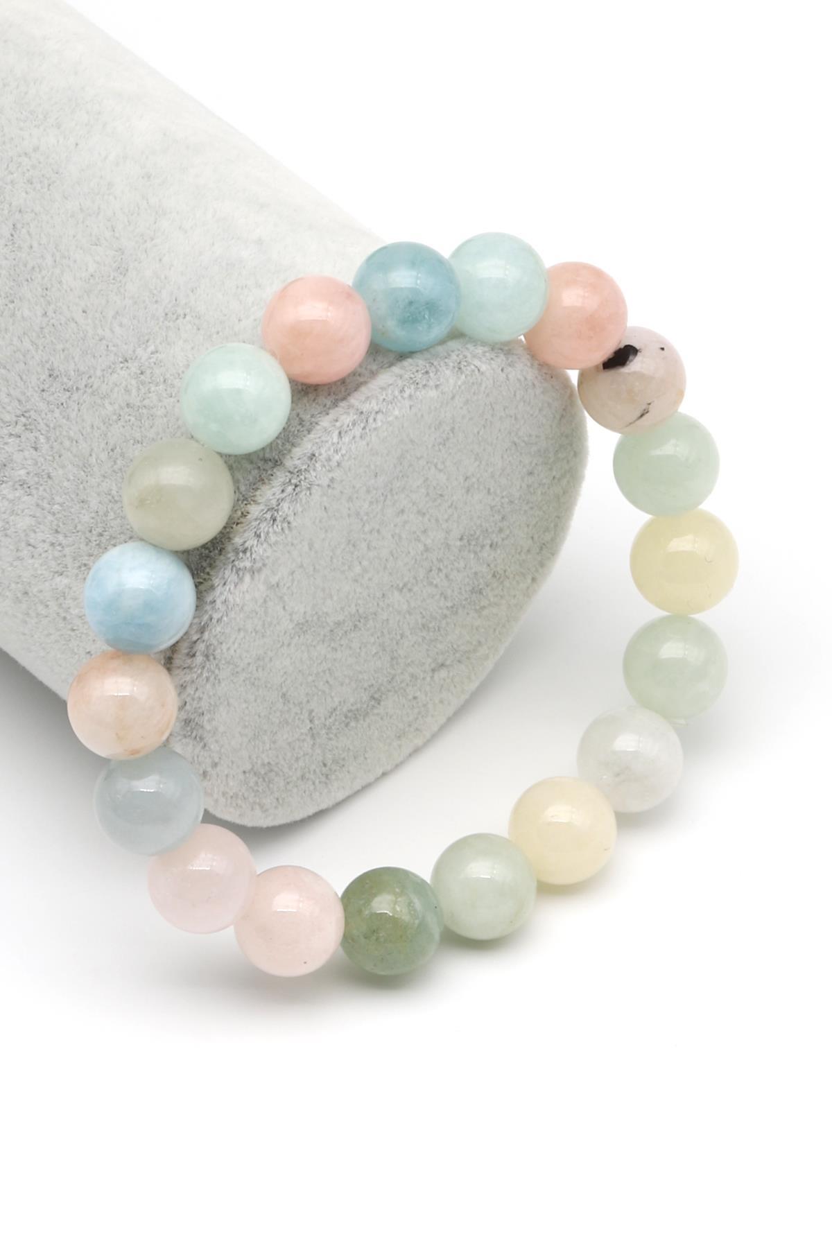 Akuamarin-Morganit-Heliodor Doğal Taş Bileklik 10 mm Küre Kesim