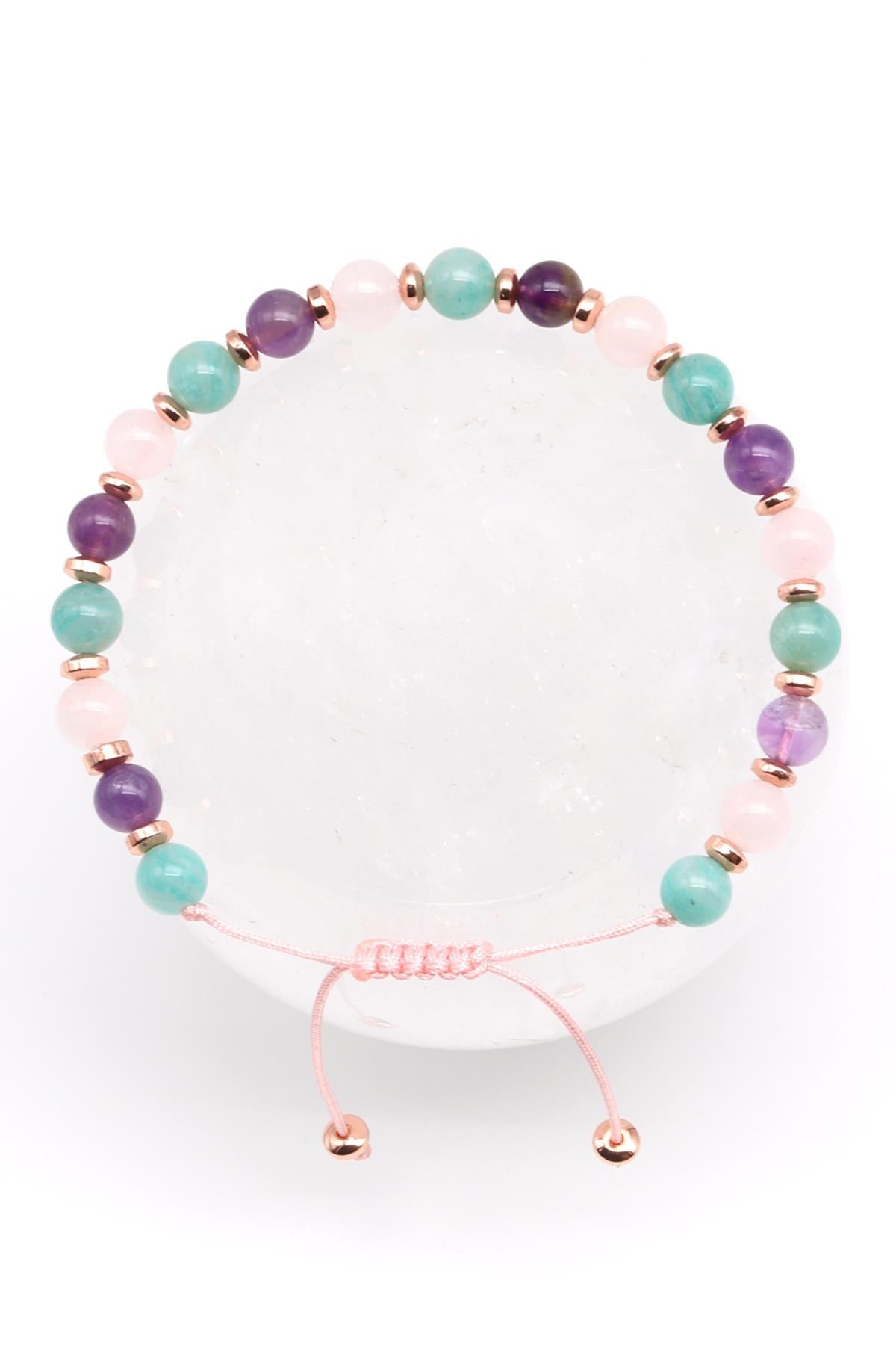 Ametist-Amazonit-Pembe Kuvars Doğal Taş Makrome Örme Bileklik Küre Kesim