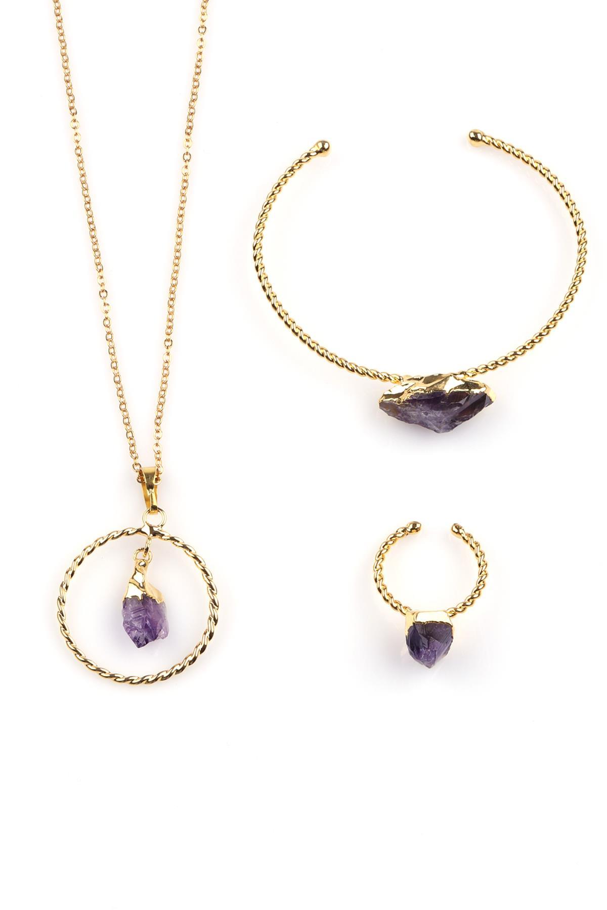 Ametist Doğal Taş Gold Renk Kolye - Bileklik - Yüzük Set