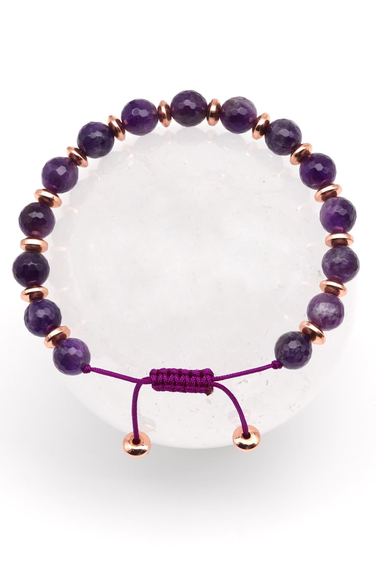 Ametist Doğal Taş Makrome Örme Bileklik Fasetli Kesim