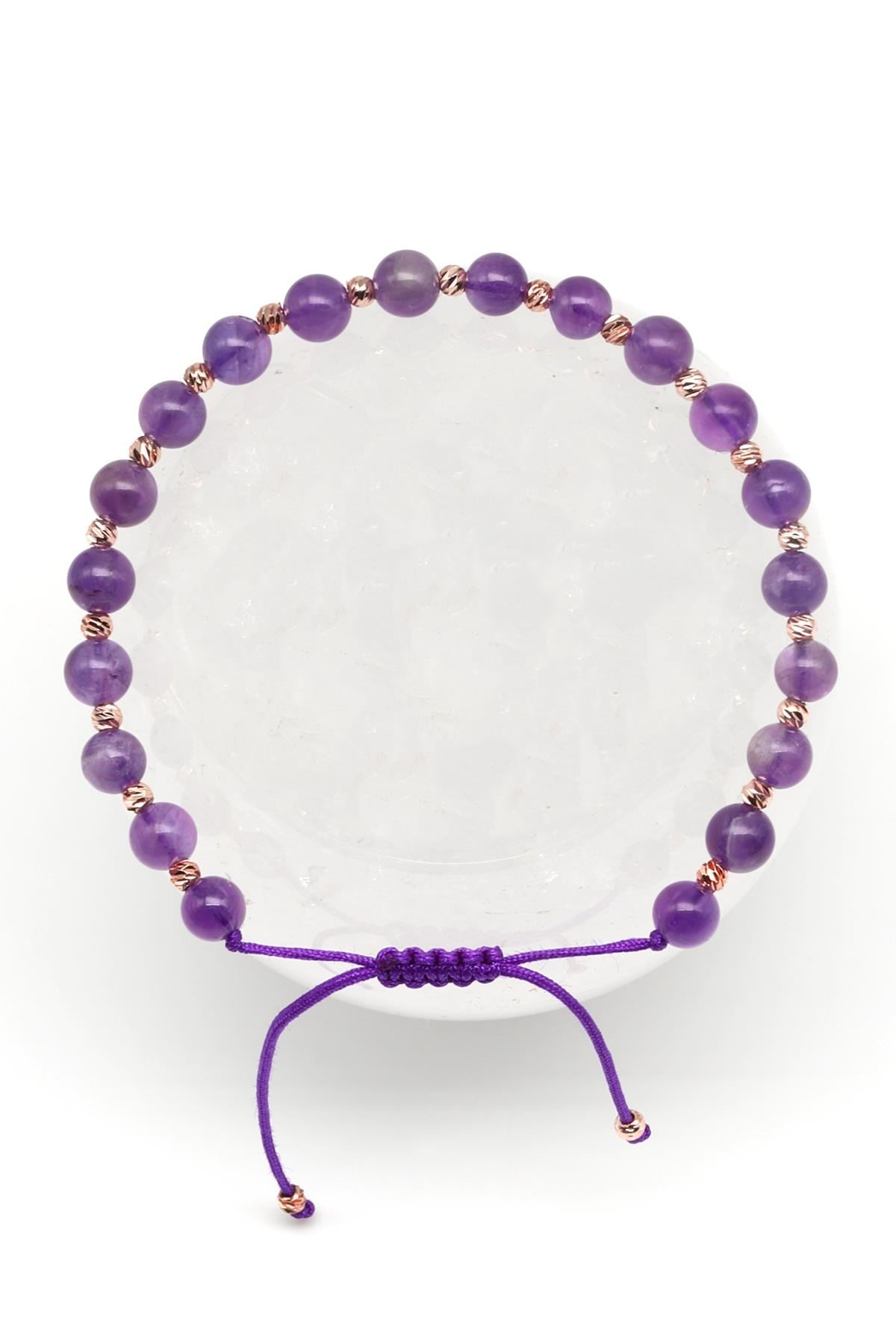 Ametist Doğal Taş Makrome Örme Bileklik Küre Kesim