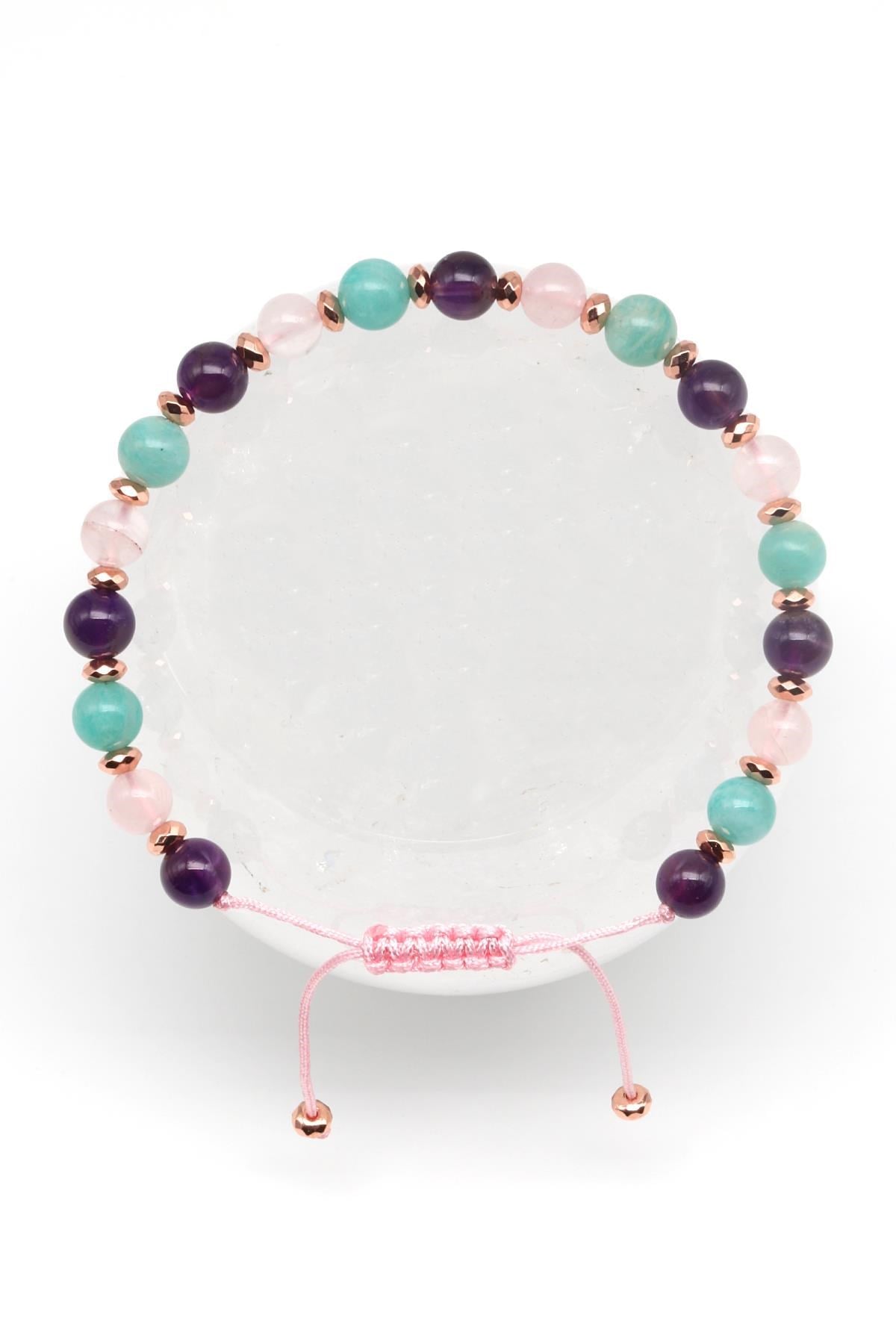 Ametist-Pembe Kuvars-Amazonit Doğal Taş Makrome Örme Bileklik Küre Kesim