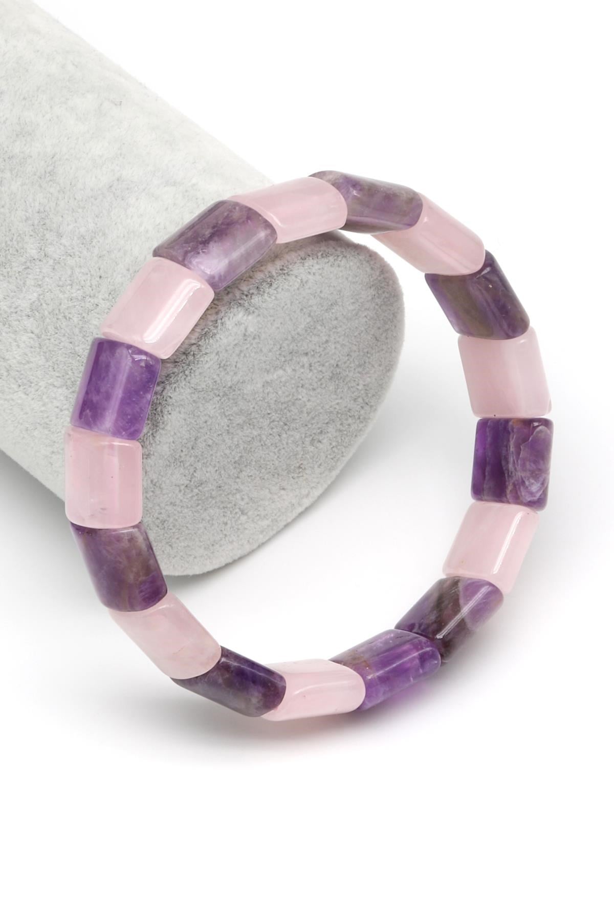 Ametist-Pembe Kuvars Doğal Taş Bileklik 12 x 15 mm Özel Kesim