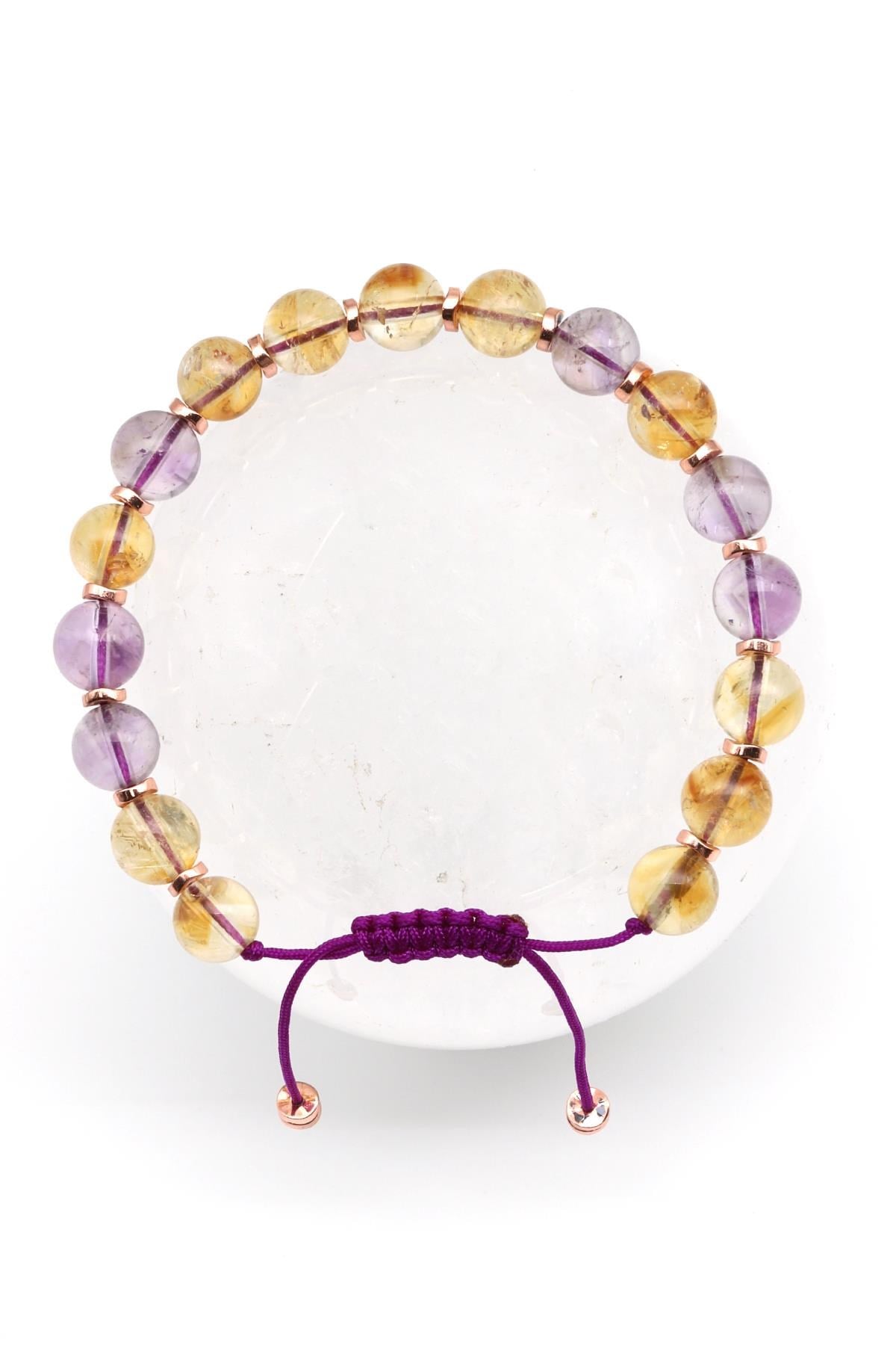 Ametist - Sitrin Doğal Taş Makrome Örme Bileklik