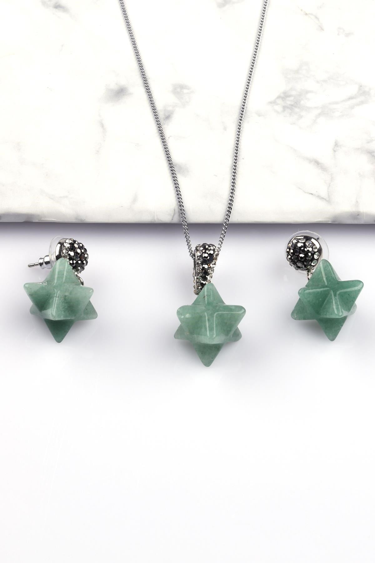 Aventurin Doğal Taş Merkaba Kolye - Küpe 2'li Set