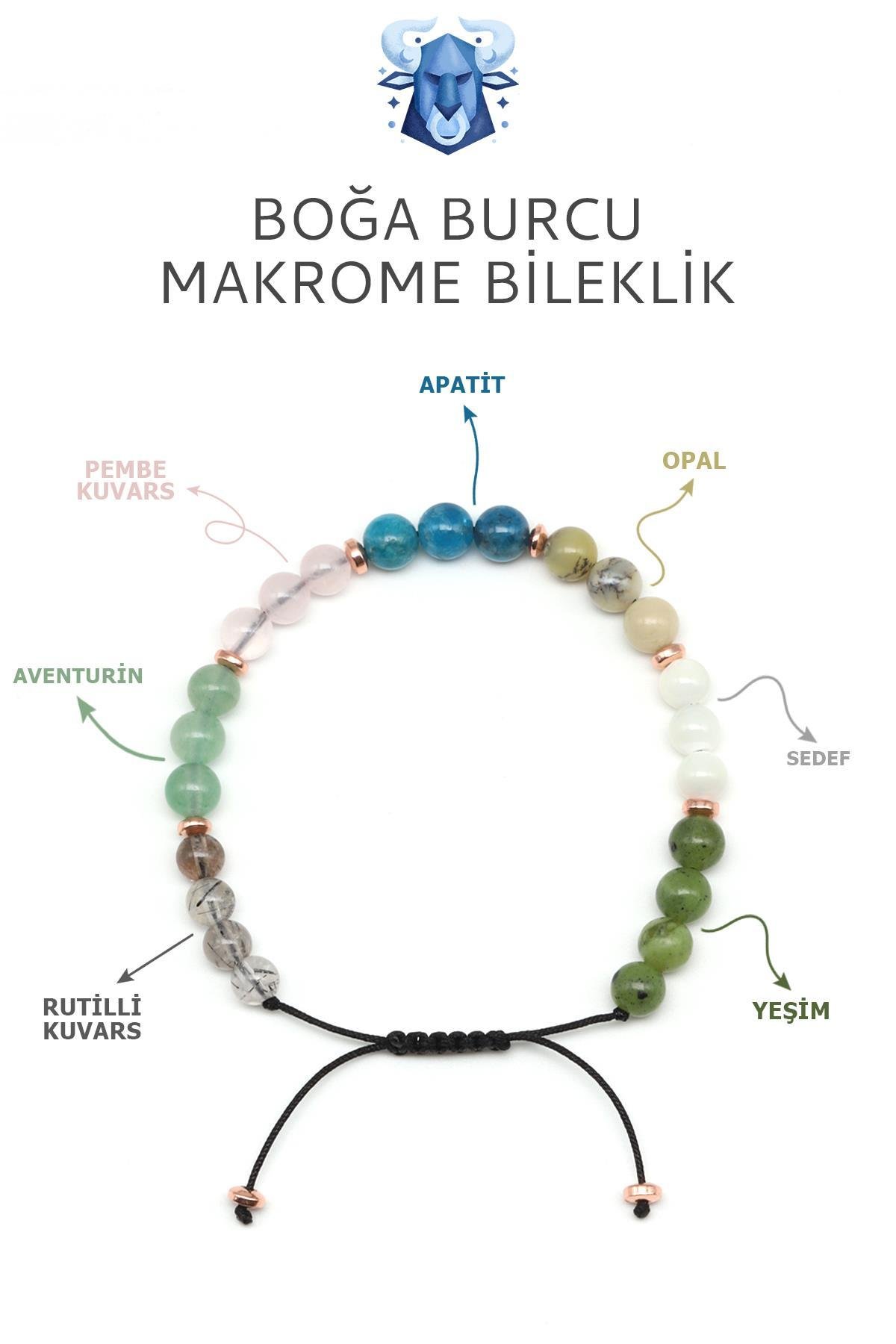 Boğa Burcu Taşlarından Oluşan Doğal Taş Makrome Bileklik 6 mm Küre Kesim - Burç Bilekliği