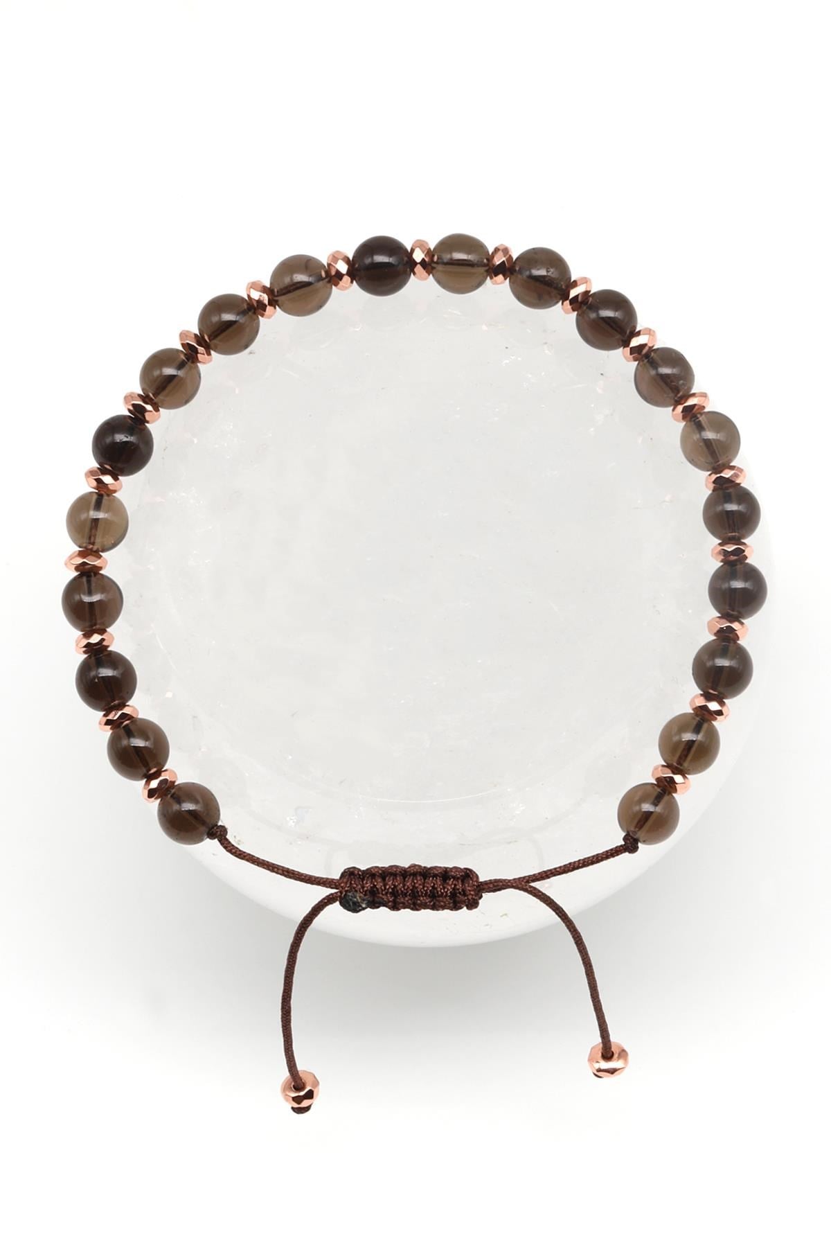 Dumanlı Kuvars Doğal Taş Makrome Örme Bileklik Küre Kesim