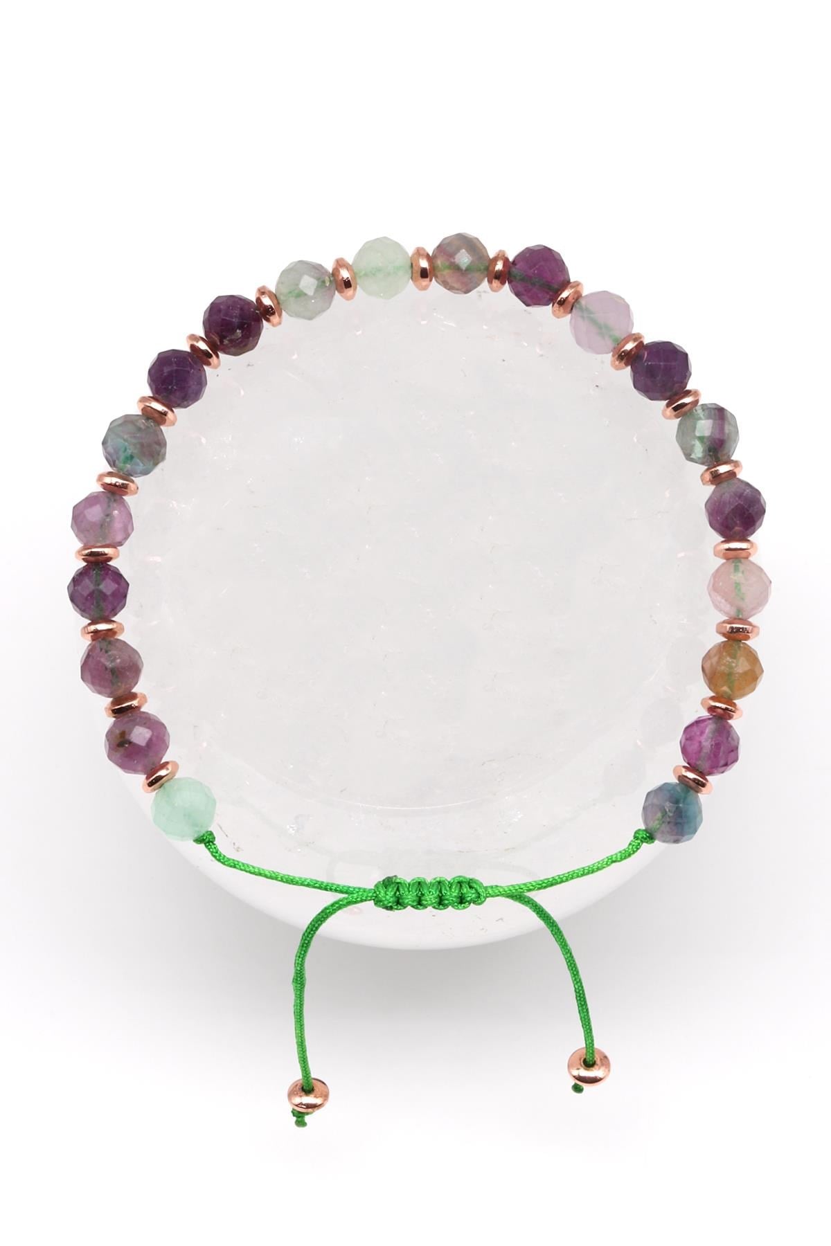 Florit Doğal Taş Makrome Örme Bileklik Fasetli Küre Kesim