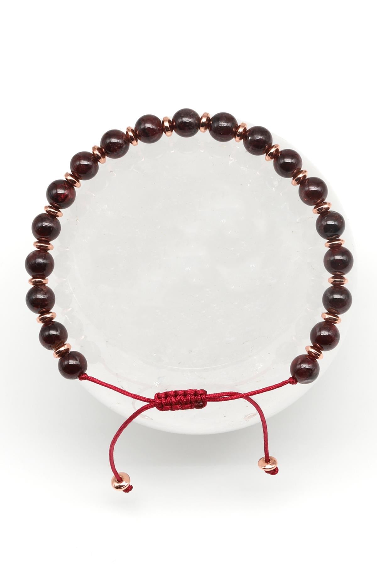 Garnet Doğal Taş Makrome Örme Bileklik Küre Kesim