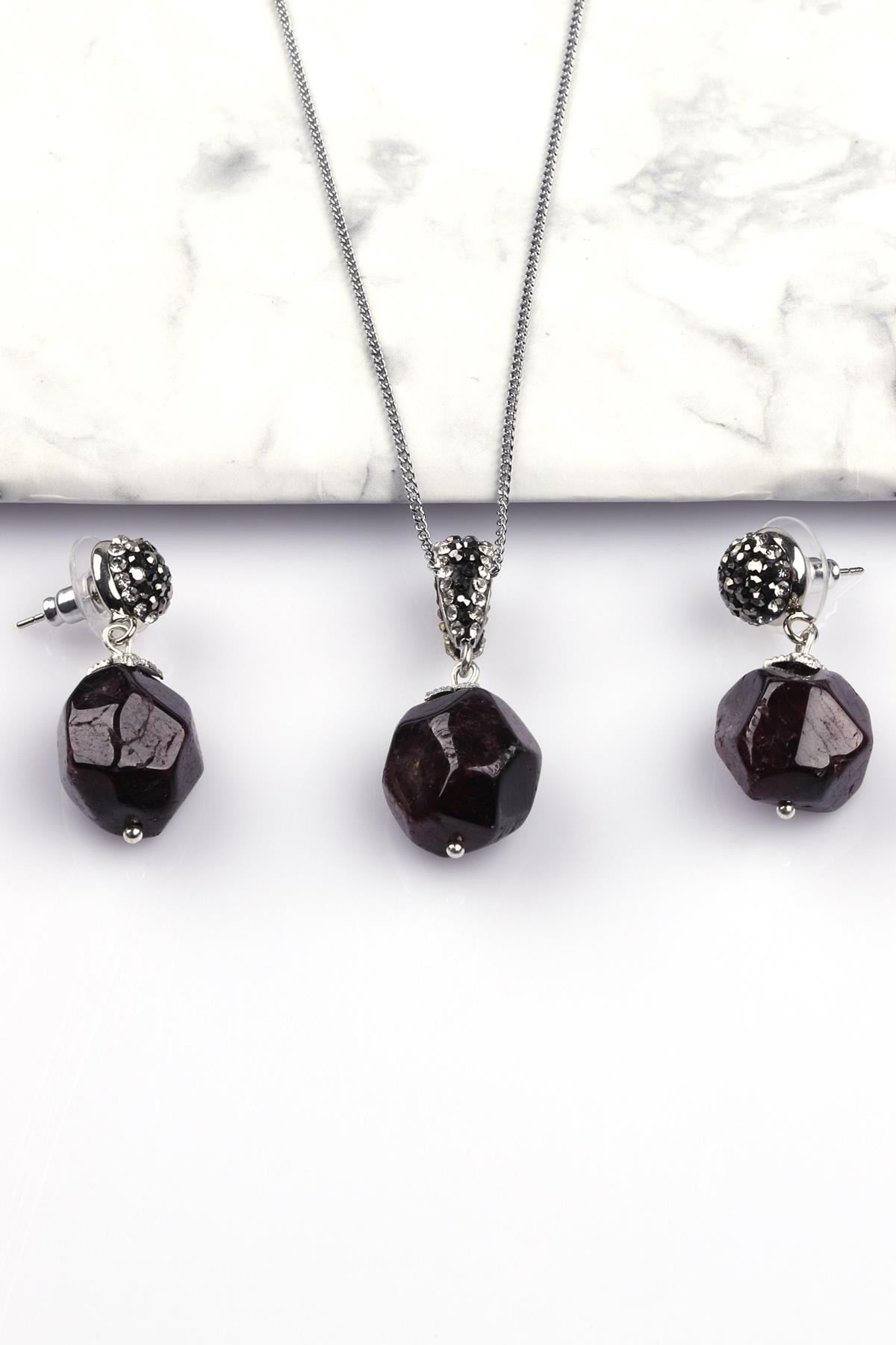 Garnet - Lal Doğal Taş Kolye - Küpe 2'li Set