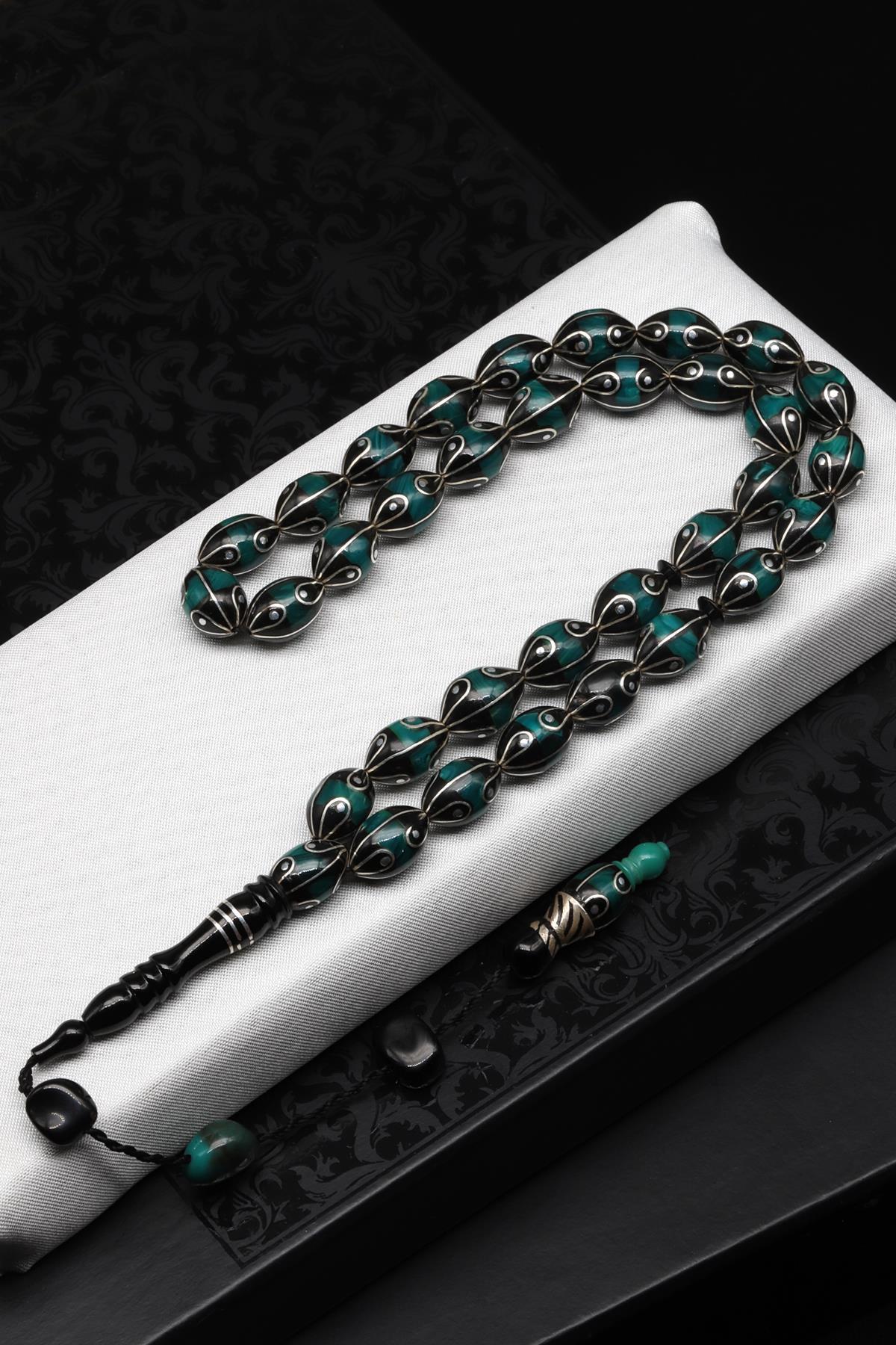 Gümüş İşlemeli Erzurum Oltu Tesbih 8 x 12 mm. Arpa Kesim