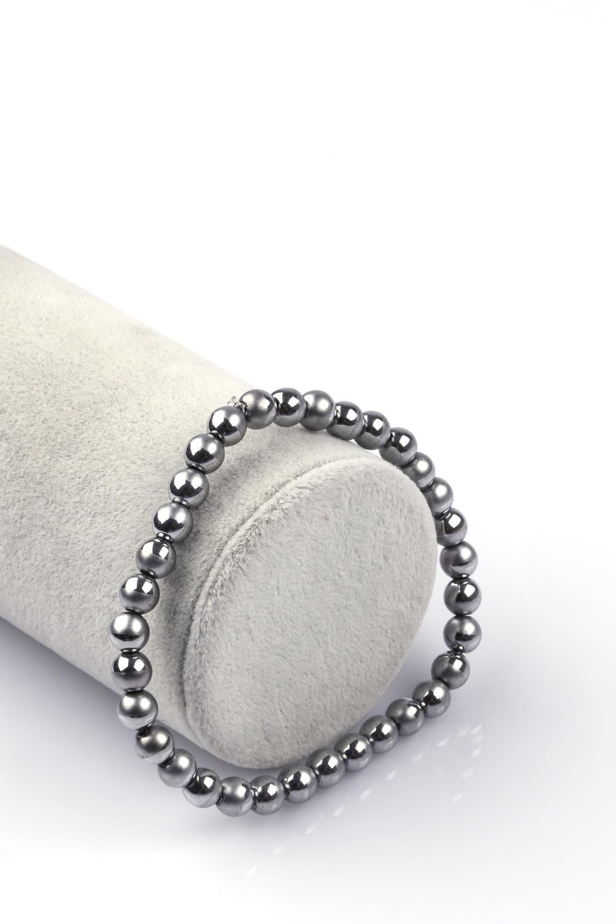Gümüş Renkli Hematit Doğal Taş Bileklik 6mm Küre Kesim