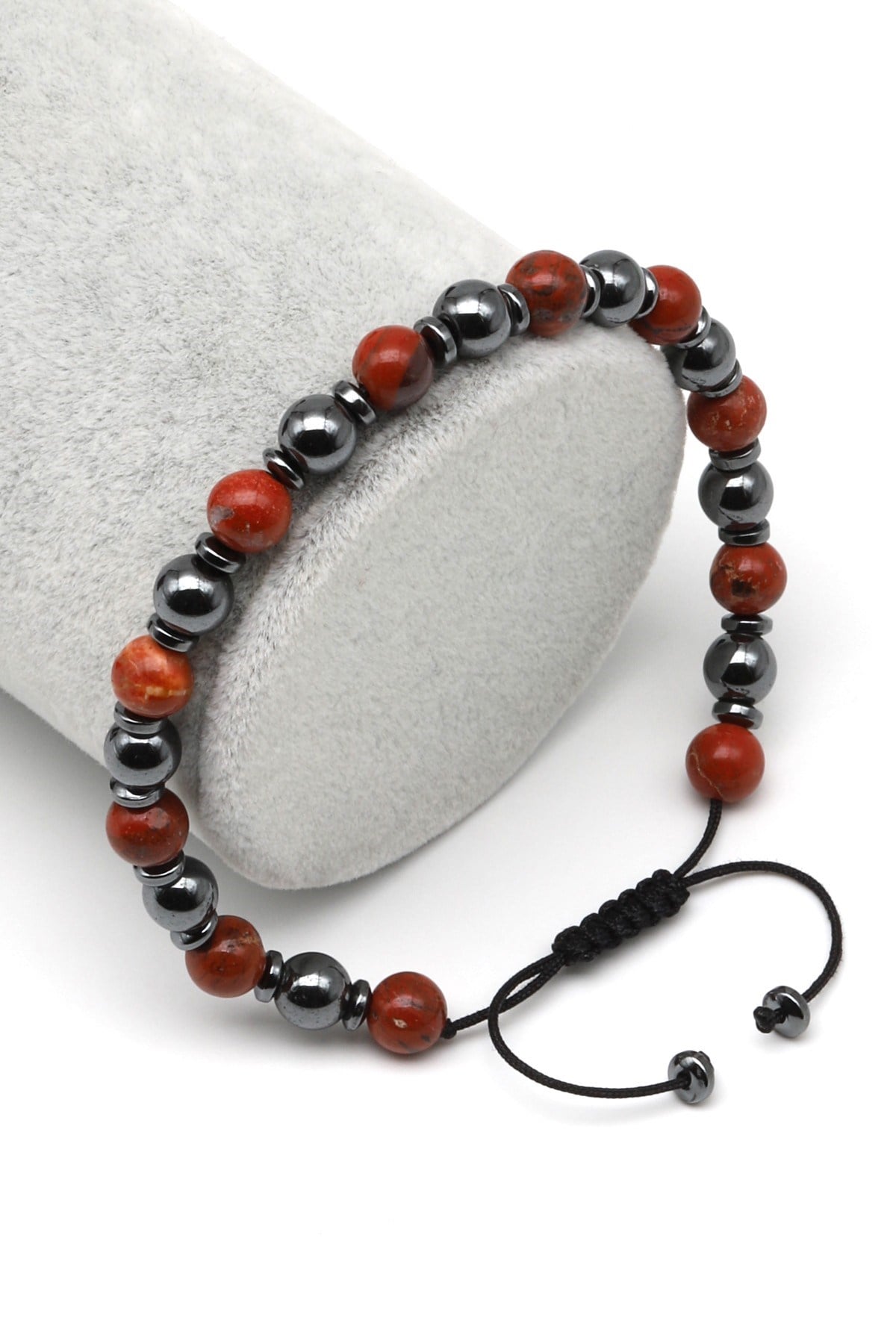 Jasper-Hematit Doğal Taş Makrome Örme Bileklik Küre Kesim - BMK-626