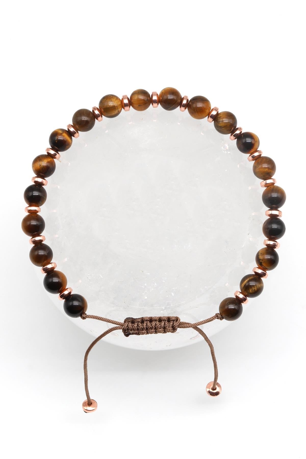 Kaplan Gözü Doğal Taş Makrome Örme Bileklik Küre Kesim