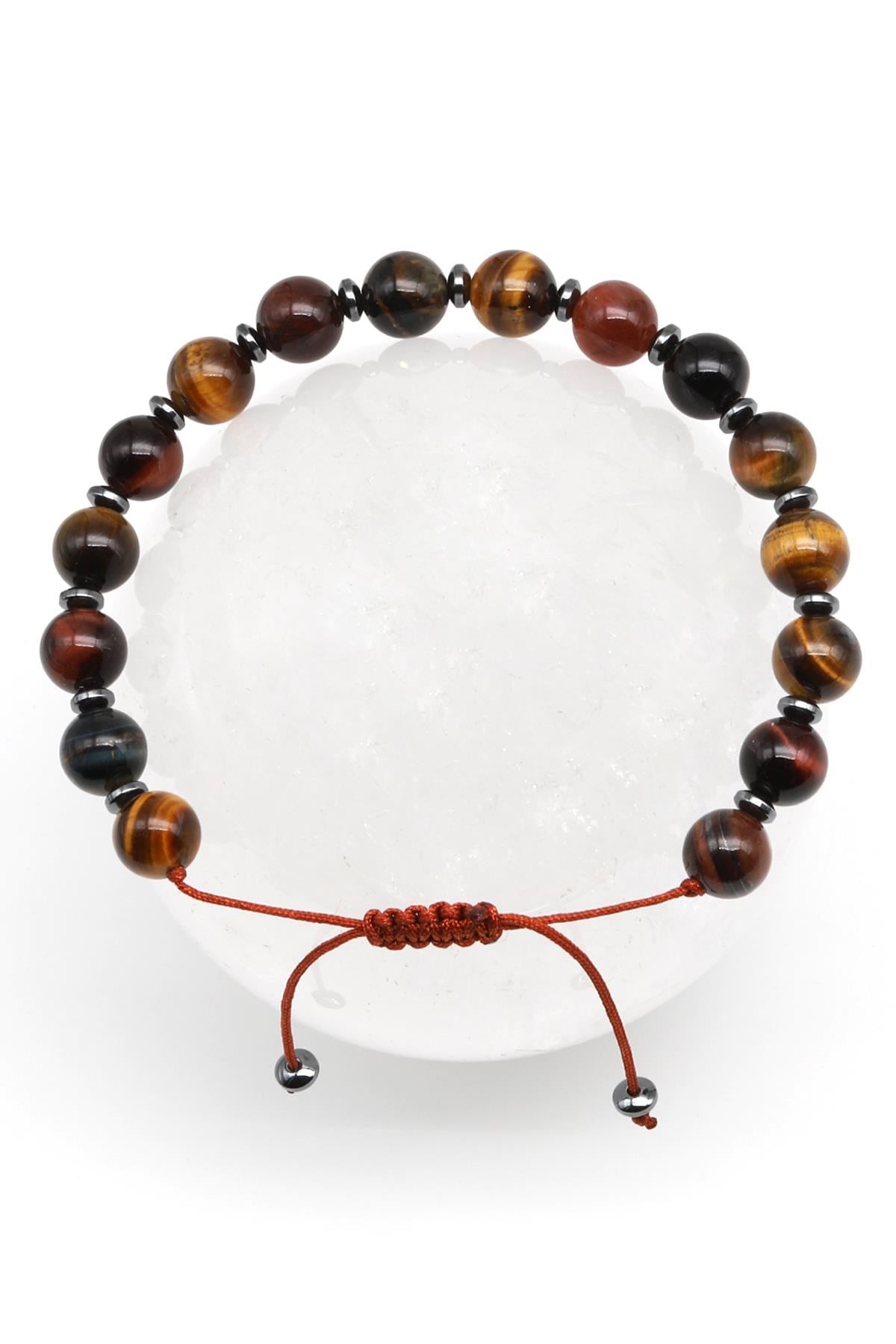 Kaplan Gözü Doğal Taş Makrome Örme Bileklik Küre Kesim