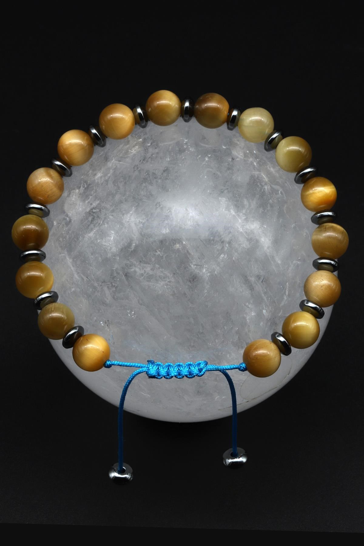 Kaplan Gözü - Hematit Doğal Taş Makrome Örme Bileklik