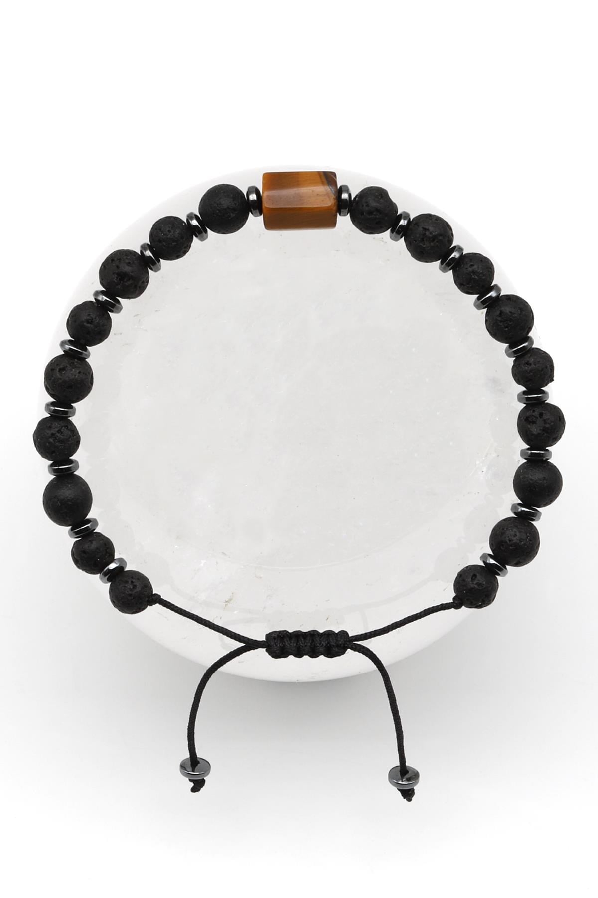 Kaplan Gözü-Lav Doğal Taş Makrome Örme Bileklik Küre Kesim