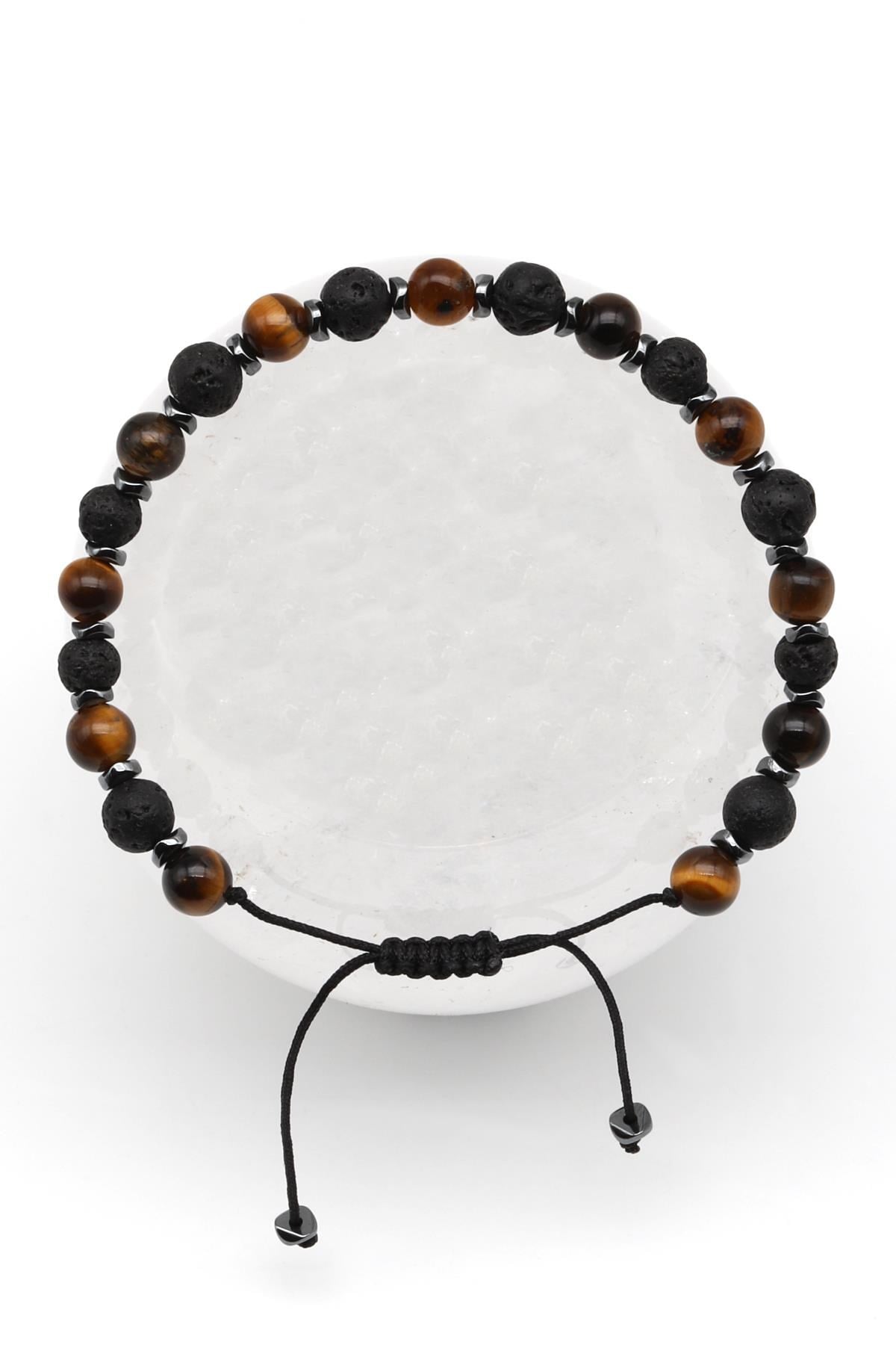 Kaplan Gözü-Lav Doğal Taş Makrome Örme Bileklik Küre Kesim