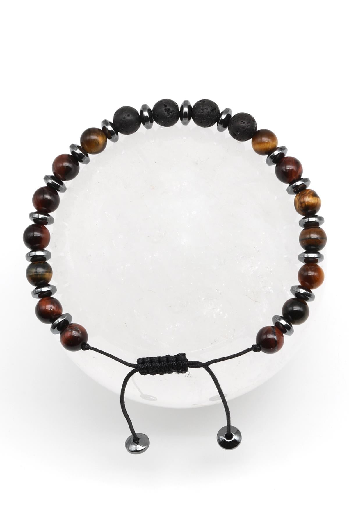 Kaplan Gözü-Lav Doğal Taş Makrome Örme Bileklik Küre Kesim