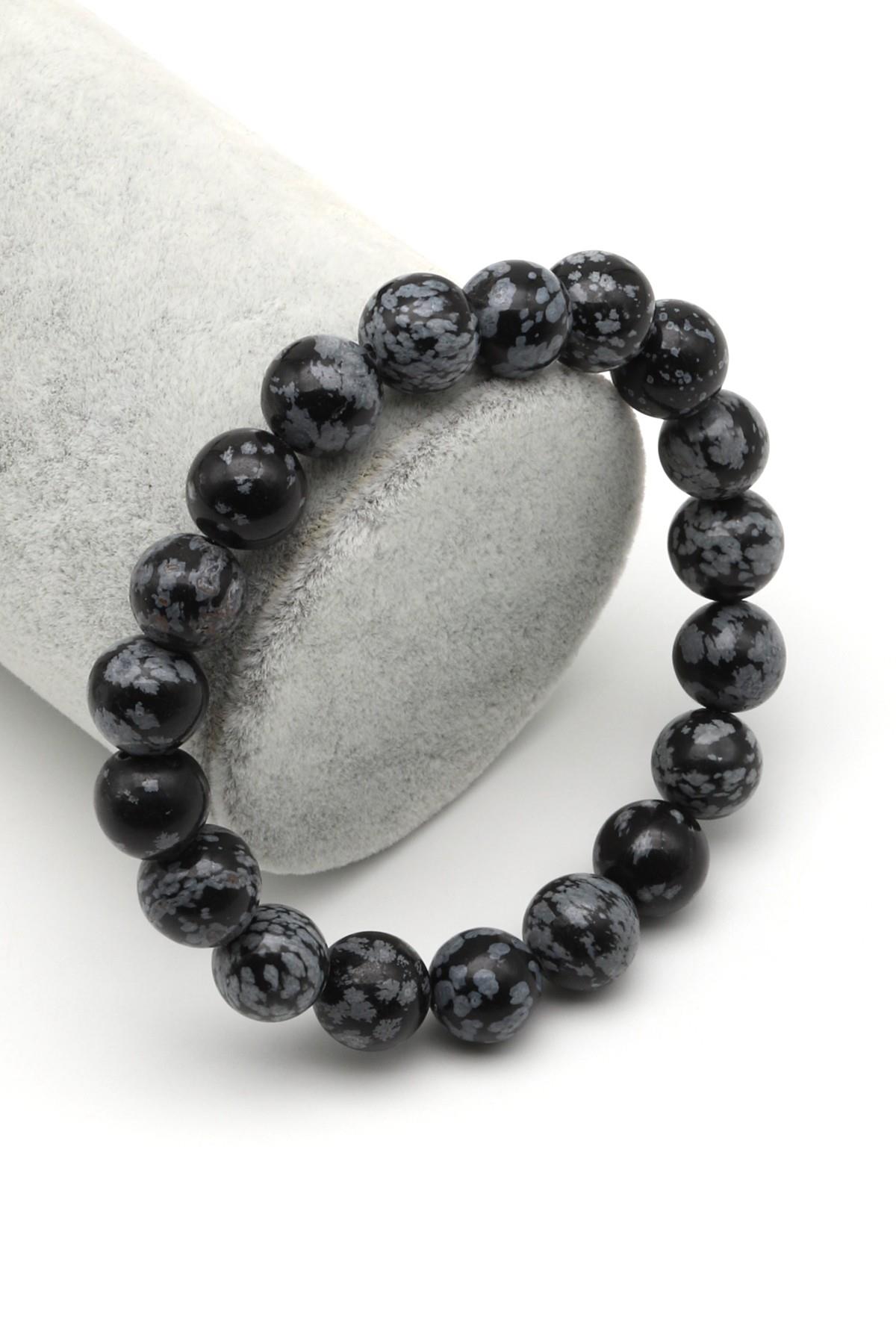 Karlı Obsidyen Doğal Taş Bileklik 10 mm Küre Kesim - BLK-2165