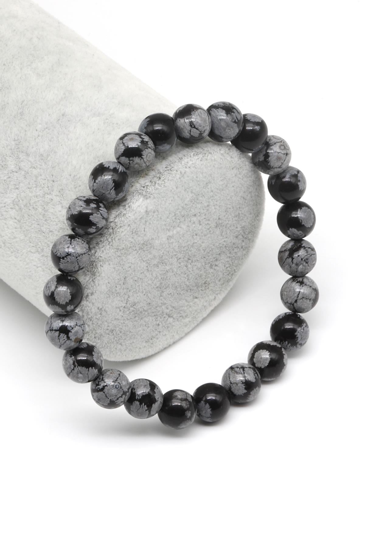 Karlı Obsidyen Doğal Taş Bileklik 8 mm Küre Kesim
