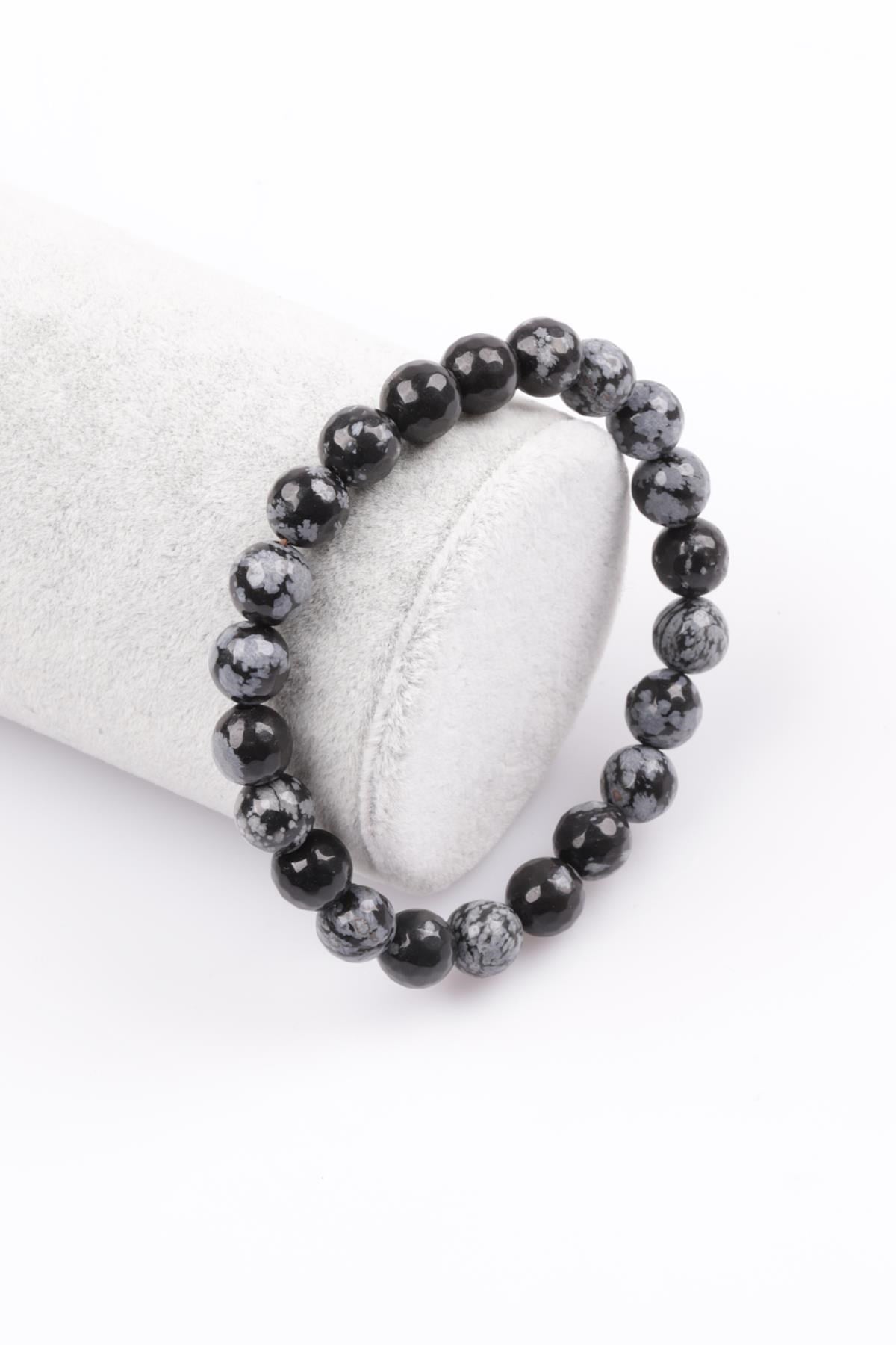 Karlı Obsidyen Doğal Taş Bileklik 8 mm Fasetli Küre Kesim