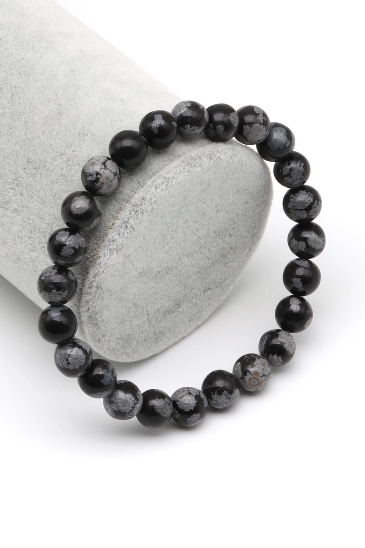 Karlı Obsidyen Doğal Taş Bileklik 8 mm Küre Kesim
