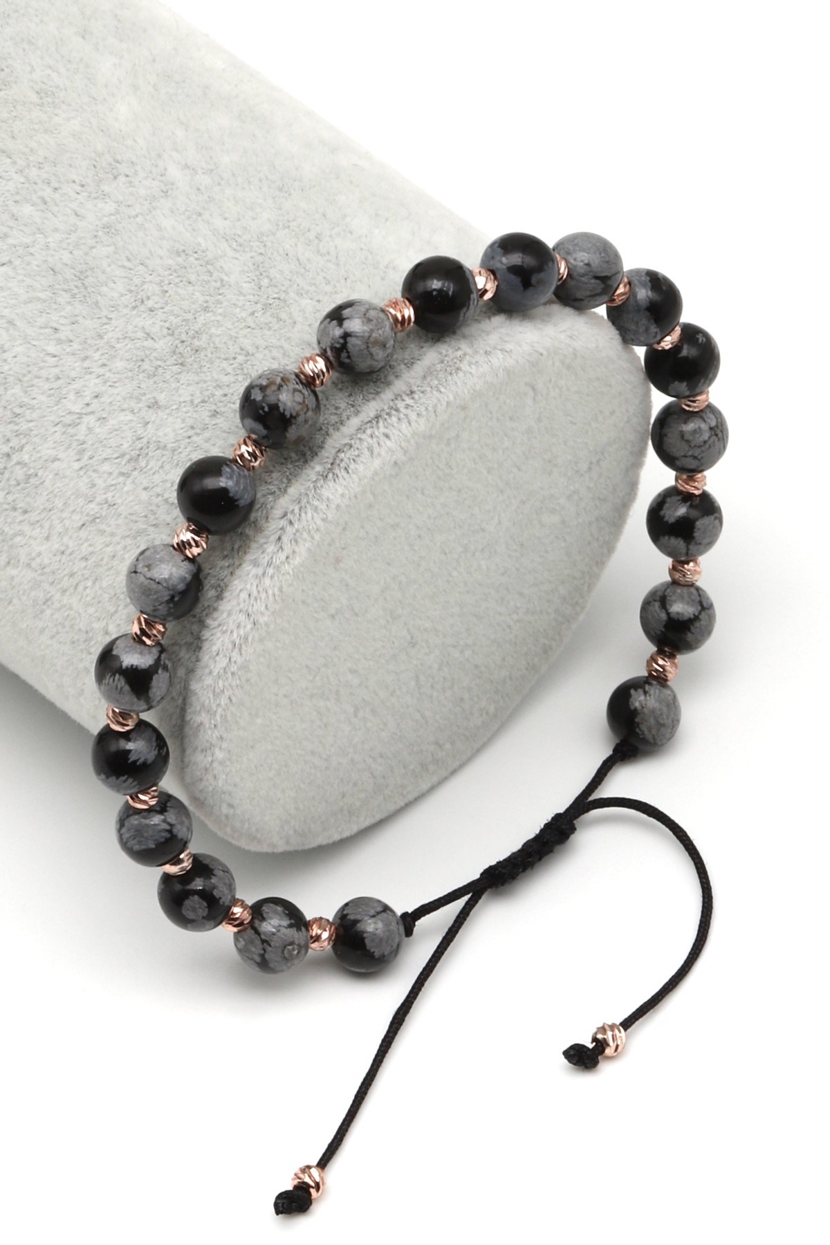 Karlı Obsidyen Doğal Taş Makrome Örme Bileklik Küre Kesim - BMK-588