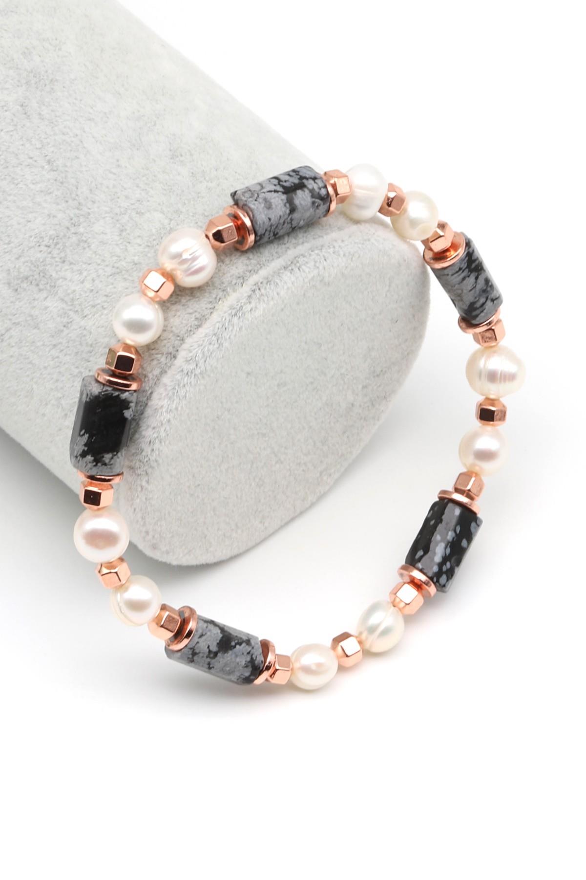 Karlı Obsidyen-İnci-Hematit Doğal Taş Bileklik 6 x 13 mm Silindir Kesim - BLK-2065