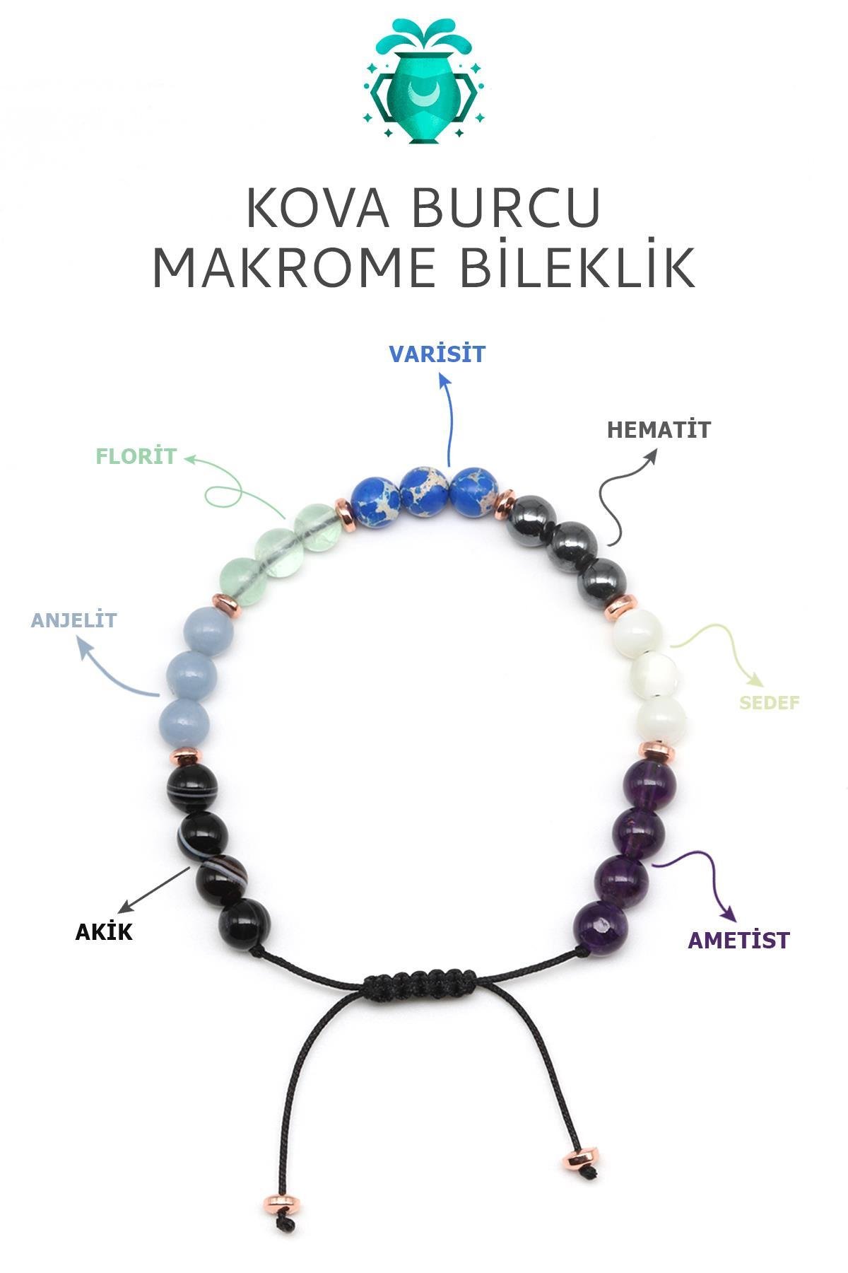 Kova Burcu Taşlarından Oluşan Doğal Taş Makrome Bileklik 6 mm Küre Kesim - Burç Bilekliği