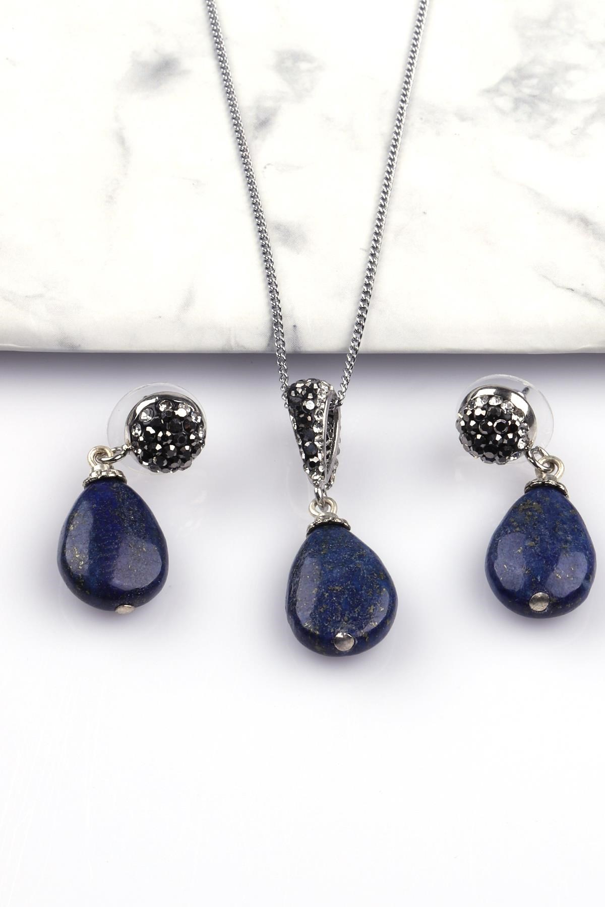 Lapis Lazuli Doğal Taş Kolye - Küpe 2'li Set