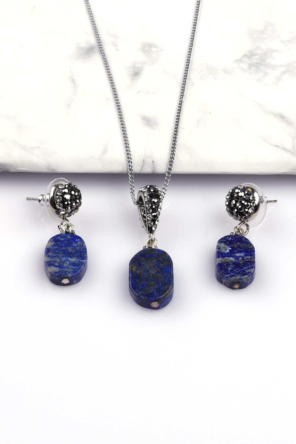 Lapis Lazuli Doğal Taş Kolye - Küpe 2'li Set