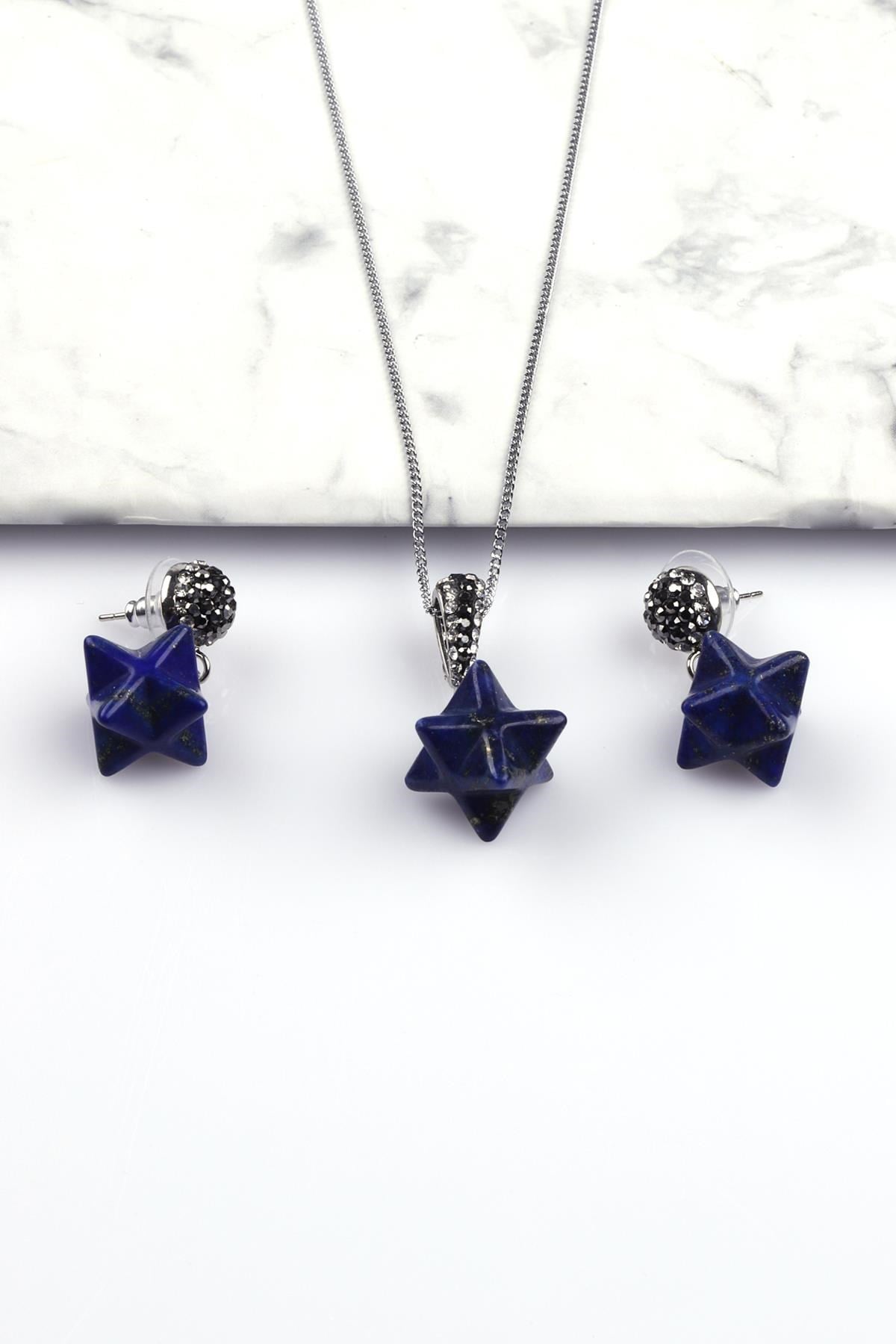 Lapis Lazuli Doğal Taş Merkaba Kolye - Küpe 2'li Set