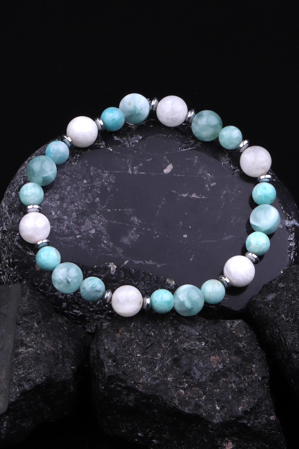 Larimar-Amazonit-Aytaşı-Hematit Doğal Taş Tasarım Bileklik