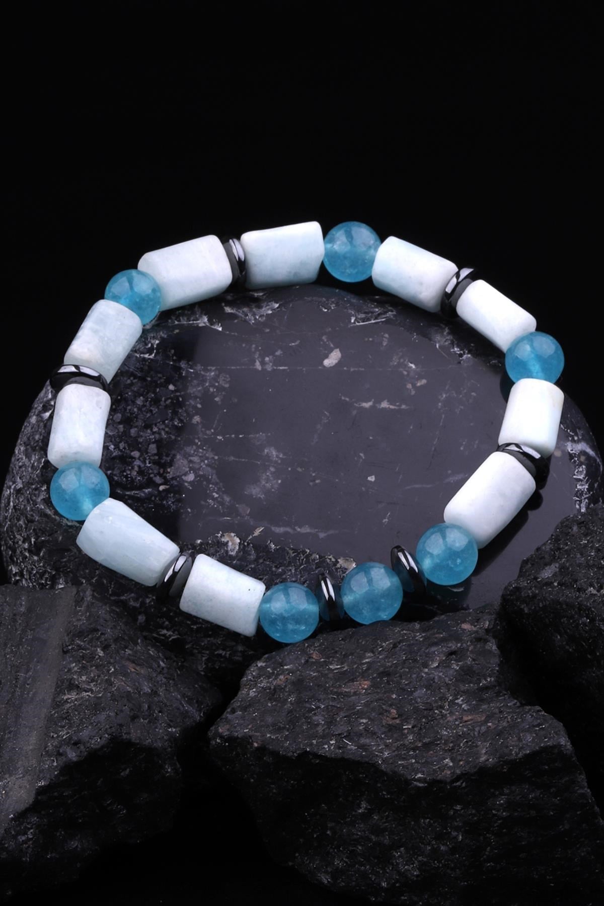 Larimar - Mavi Kuvars - Hematit Doğal Taş Tasarım Bileklik