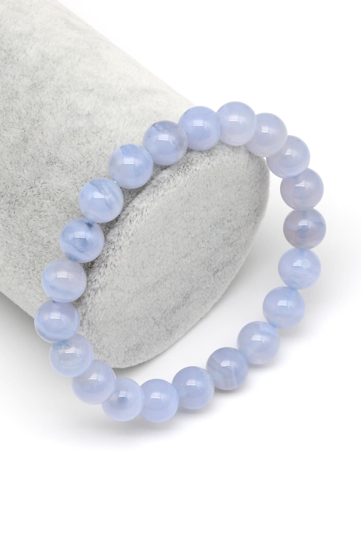 Mavi Kalsedon Doğal Taş Bileklik 8 mm Küre Kesim