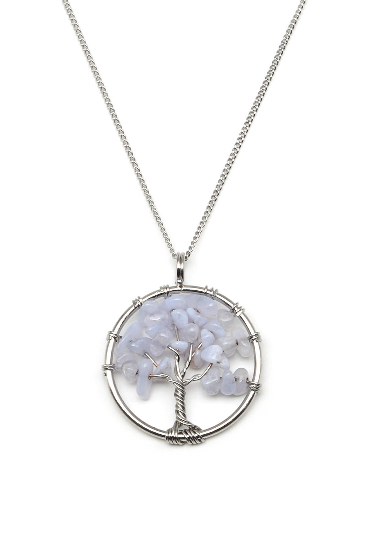 Mavi Kalsedon Doğal Taş Tel Sarmalı Hayat Ağacı Kolye